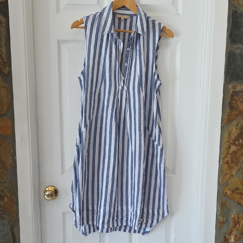 Sleeveless Blue and White Striped Collared Midi Dress